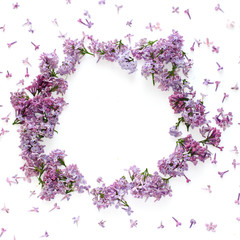 floral border of fresh lilac flowers on white, flat lay, top view. square