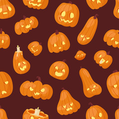 Halloween pumpkin creepy face head vector illustration seamless pattern background