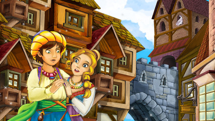 Obraz na płótnie Canvas Cartoon scene of beautiful princess and prince in the old town - castle in the background - illustration for children
