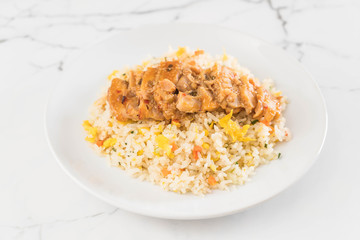 fried rice with grilled chicken and teriyaki sauce