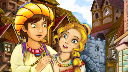 Obraz na płótnie Canvas Cartoon scene of beautiful princess and prince in the old town - castle in the background - illustration for children