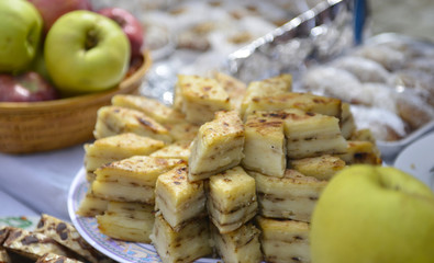  street sale of a traditional homemade pastry called gomleze in macedonia