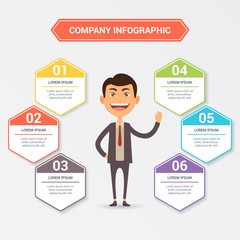 Business infographic design template with editable elements and cartoon businessman character