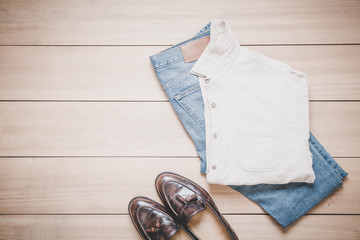 Clothing for men on the wooden background