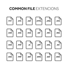 Line,outline flat style icon set. Source code, programming file type, extension. Document format. Pictogram. Web and multimedia. Computer technology.