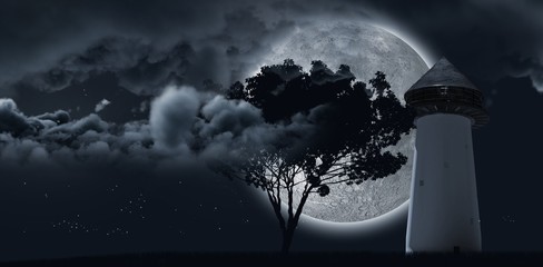 Moon shining behind a tree and clouds and structure © vectorfusionart