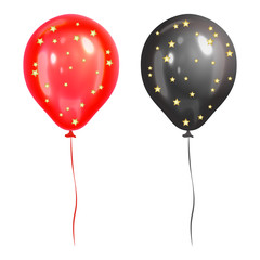 Realistic red and black balloons with gold stars, isolated on transparent background. Balloons for birthday party, celebration, festival. Flying glossy balloons. Holiday vector Illustration.