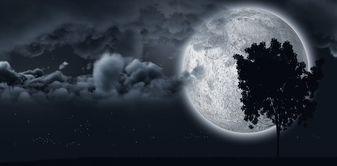Moon shining behind a tree and clouds 