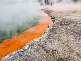 Champagne Pool, the landmark in the Wai-O-Tapu Thermal Wonderland. (Rotorua, New Zealand)