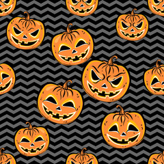 Seamless pattern with orange halloween pumpkins on dark striped background. Halloween design template for scrap-book paper, textile print, page fill. Vector.