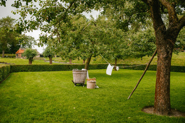 Obraz na płótnie Canvas Linen is dried on a rope on the street