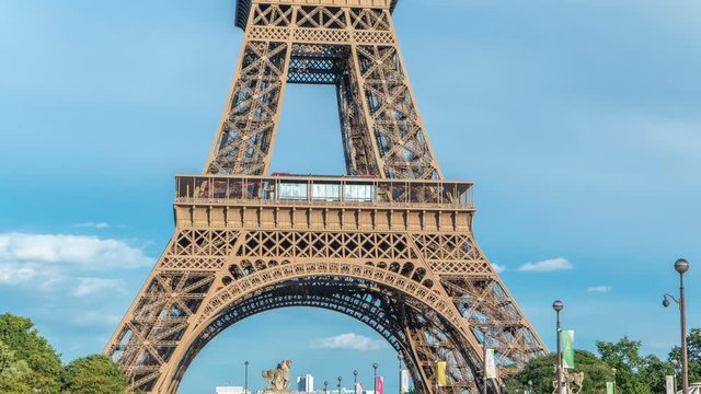 Close up view of first section of the Eiffel Tower timelapse in Paris, France.