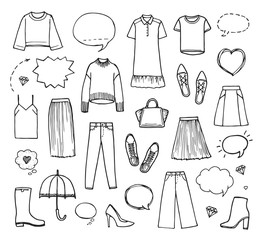 Vector illustration of hand drawn fashion collection with women's clothing on white background.