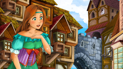 Obraz na płótnie Canvas Cartoon scene of beautiful princess in the old town - castle in the background - illustration for children