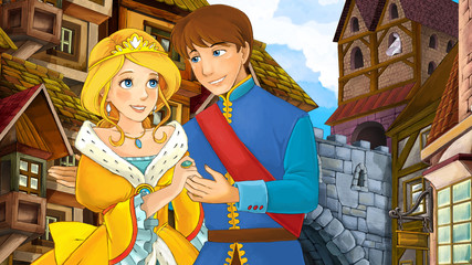 Obraz na płótnie Canvas Cartoon scene of beautiful prince and princess in the old town - castle in the background - illustration for children