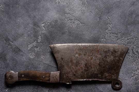 Meat Cleaver, Kitchen Knife on grey background, copy space