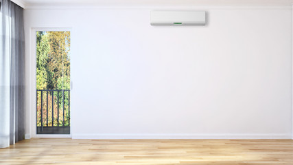 Modern bright living room with air conditioning, white wall. 3D rendering