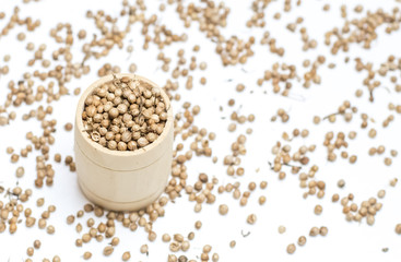 Organic Dried coriander seeds (Coriandrum sativum) in a wooden jar, selective focus, on white background