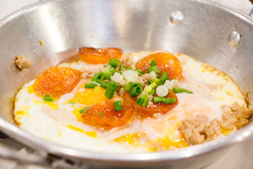 Closed up of egg on pan the Vietnamese breakfast