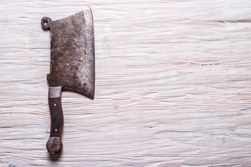 Meat Cleaver, Kitchen Knife on wooden background, copy space