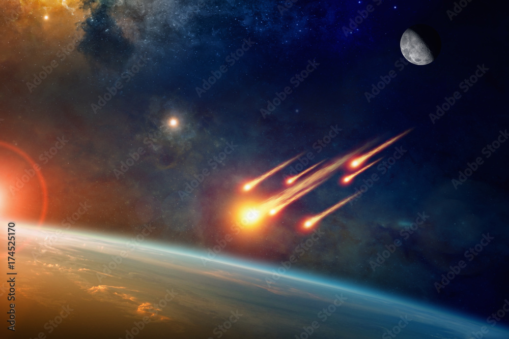 Wall mural group of burning exploding asteroids approaches to planet earth