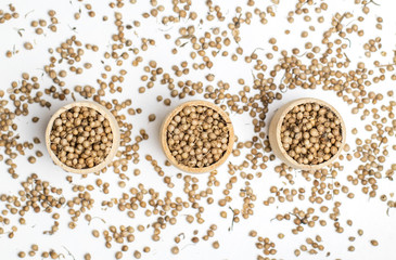 Organic Dried coriander seeds (Coriandrum sativum) in a wooden jar, selective focus, on white background