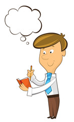 office cartoon clerk standing thinking and having idea - with empty cloud for text - isolated