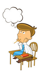 office cartoon clerk sitting thinking and having idea - with empty cloud for text - isolated