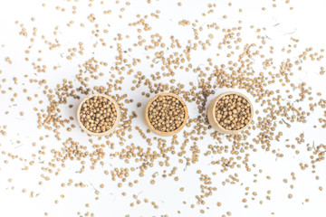 Organic Dried coriander seeds (Coriandrum sativum) in a wooden jar, selective focus, on white background