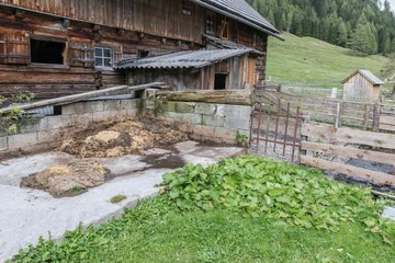 Alter Bauernhof mit Misthaufen in den Bergen, Österreich