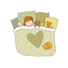 The child is sleeping with her toys.