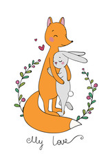 Lovely cartoon fox and hare. Happy animals.
