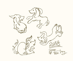 Four funny little dogs frolic. Outline illustration of a 2018 year of the dog.