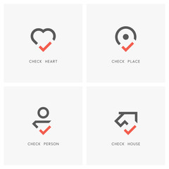 Check mark logo set. Heart, place pointer, person and house or home with tick or checkmark symbol - love, health, position, realty, employment and estate agency icons.