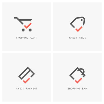 Check mark logo set. Shopping cart and bag, price tag or label and credit card with tick or checkmark symbol - store or shop, sale, money transfer and purchas icons.