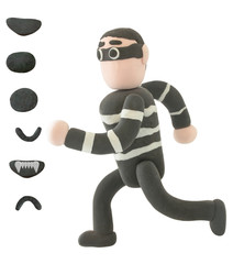 Plasticine Thieve or crime in running action on white background