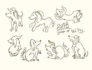 Little frolicking puppies. Outline illustration of a 2018 year of the dog.