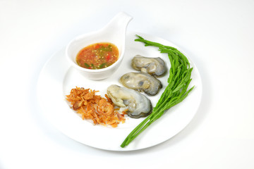 Oyster and seafood sauce on white dish.