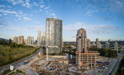 Aerial view of a residential highrise construction site near Brentwood, Burnaby, Vancouver City, BC, Canada.
