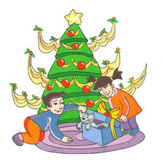 Hand drawn doodle illustration. Happy family around Christmas tree with presents. Happy New Year eve. Parents with son near christmas tree.