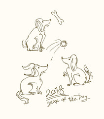Fototapeta na wymiar Three funny little dogs frolic. Outline illustration of a 2018 year of the dog.