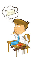 office cartoon clerk sitting and thinking about sending some mail - illustration for children