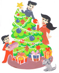 Obraz na płótnie Canvas Hand drawn doodle illustration. Happy family around Christmas tree with presents. Happy New Year eve. Parents with son near christmas tree.
