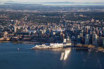 Aerial view of Downtown Vancouver, British Columbia, Canada, before sunset on a sunny summer day.