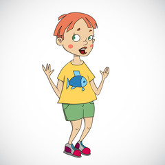 Fototapeta premium Cartoon of a boy showing something with his hands, with fish on his t-shirt
