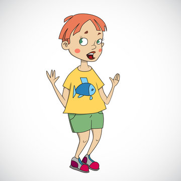 Cartoon of a boy showing something with his hands, with fish on his t-shirt