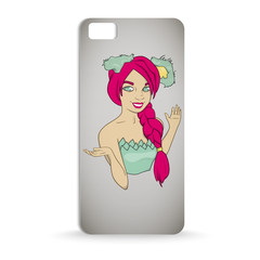 mobile phone case design with Cartoon of smiling cute girl with funny green ears, pink hair with braid