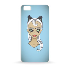 mobile phone case design with Cartoon of girl with black eyes, white hair and cat ears
