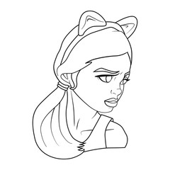 Coloring book with Cartoon of a girl with ponytail and cat ears