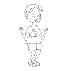 Coloring book with Cartoon of a boy showing something with his hands, with fish on his t-shirt
